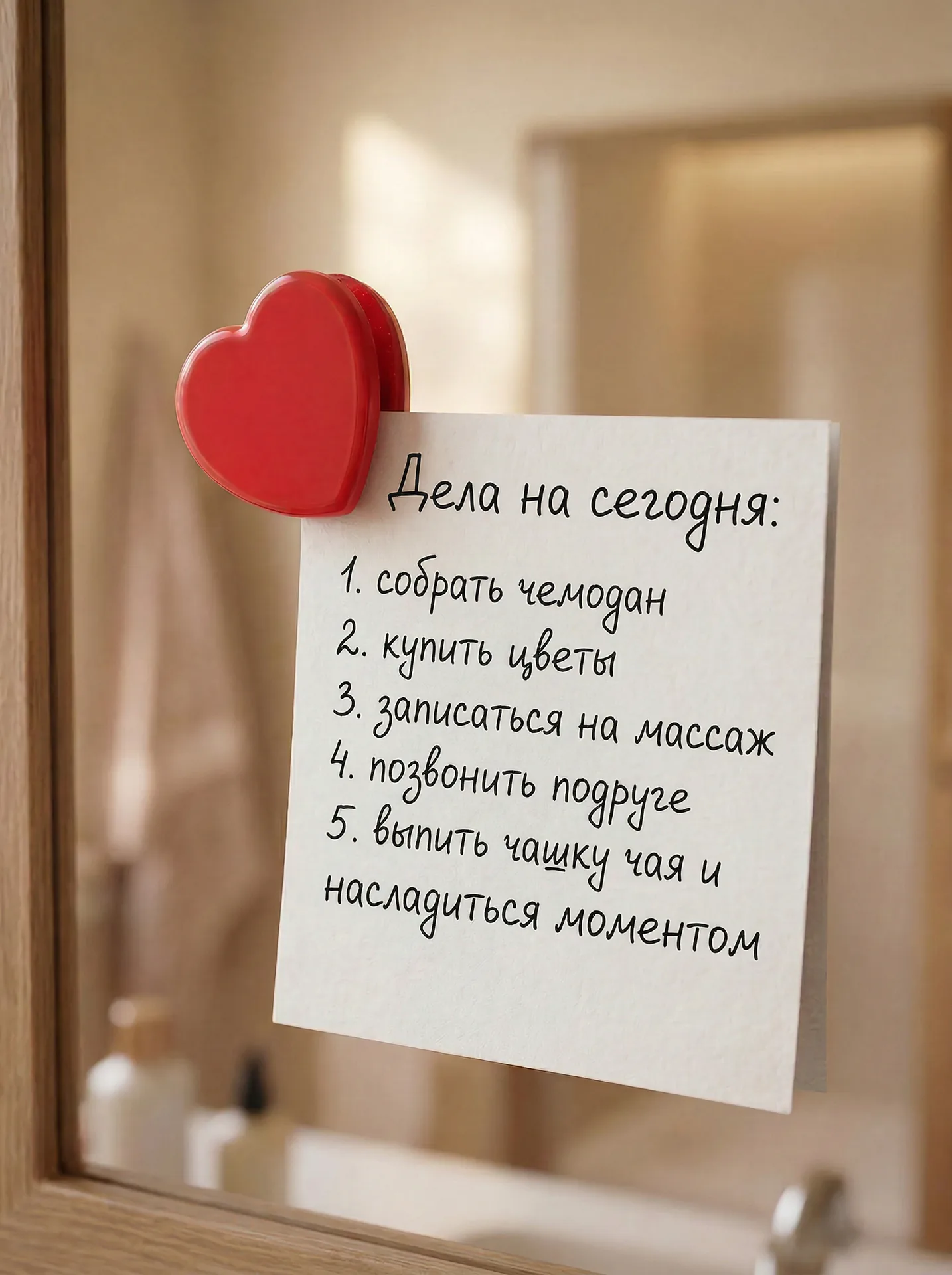 Прищепка держит записку на зеркале